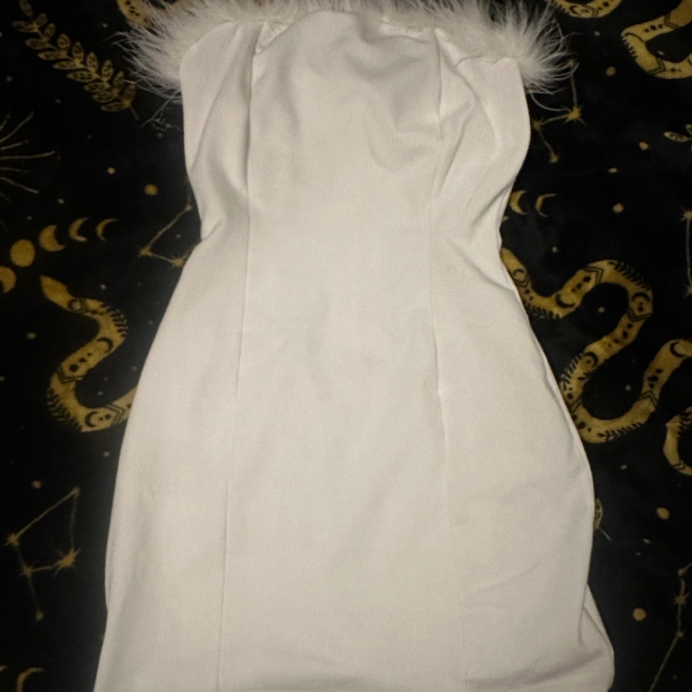 Peppermayo Strapless White Dress with Fur Trim